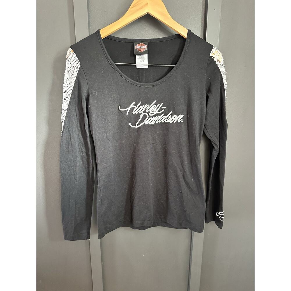 Women’s Harley Davidson Black Longsleeve White Lace Shoulders Size M -See Photos